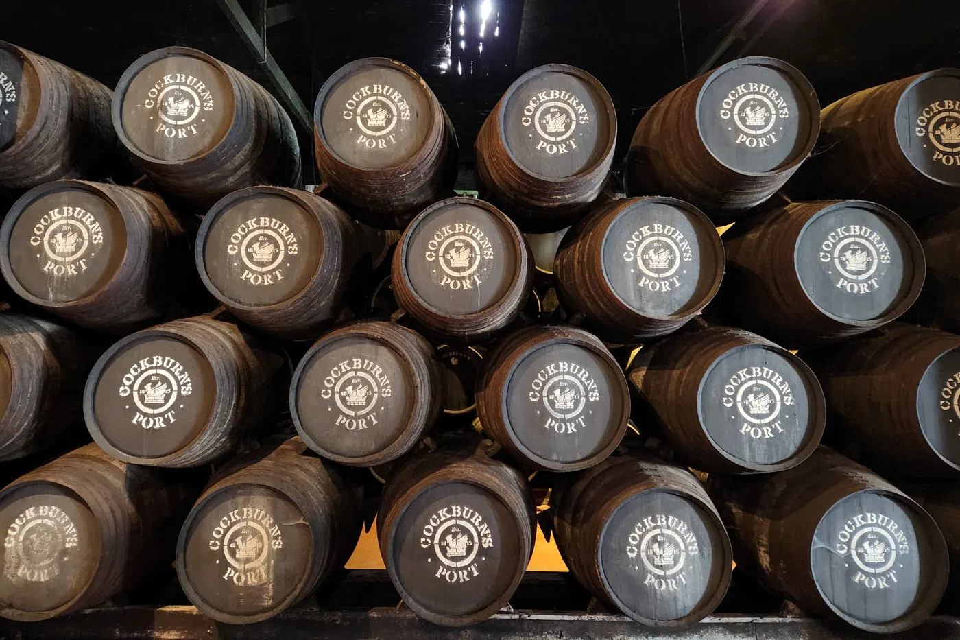 Rows of Cockburn’s Port barrels inside the cellar in Gaia